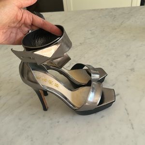 Size 10 Lamb heels, silver Velcro ankle strap